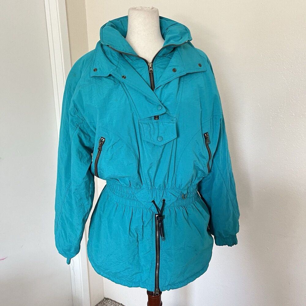 VTG Helly Hansen Ski Jacket Women’s M 90s Teal Hooded Cinched Waist Cevas